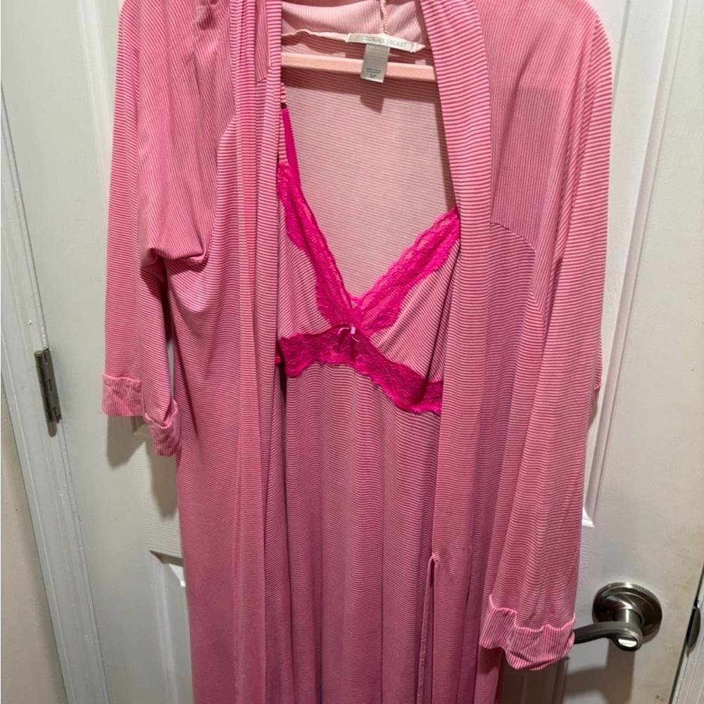 Vintage Victoria’s Secret Pink Lace Trim Robe and Nightgown Set